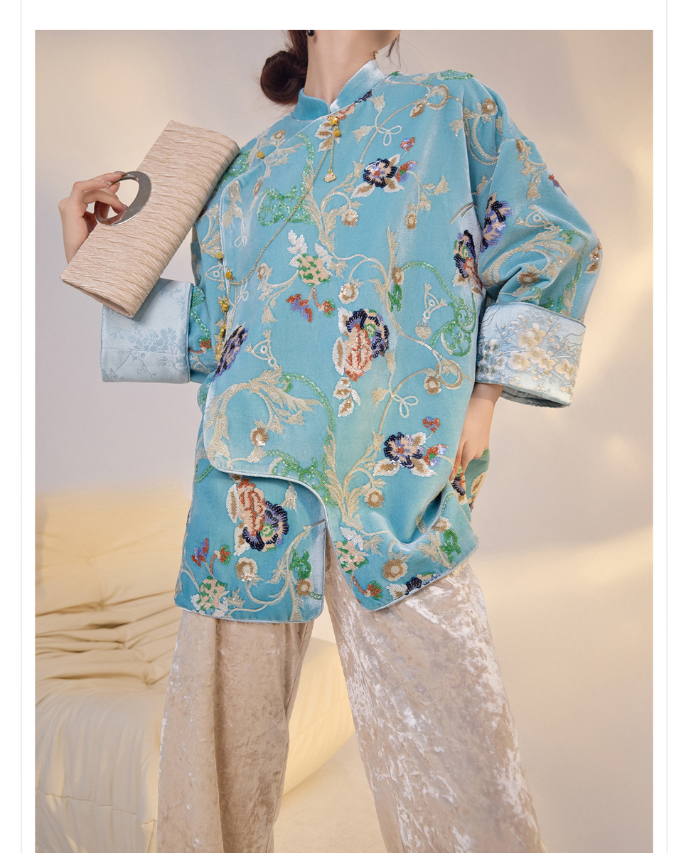 Áo sơ mi nữ dài tay cổ đứng thêu hoa đính sequin chất liệu satin mềm — Tianshuiqing (phát hành cùng ngày), Tianshuiqing (tóc 7 ngày)