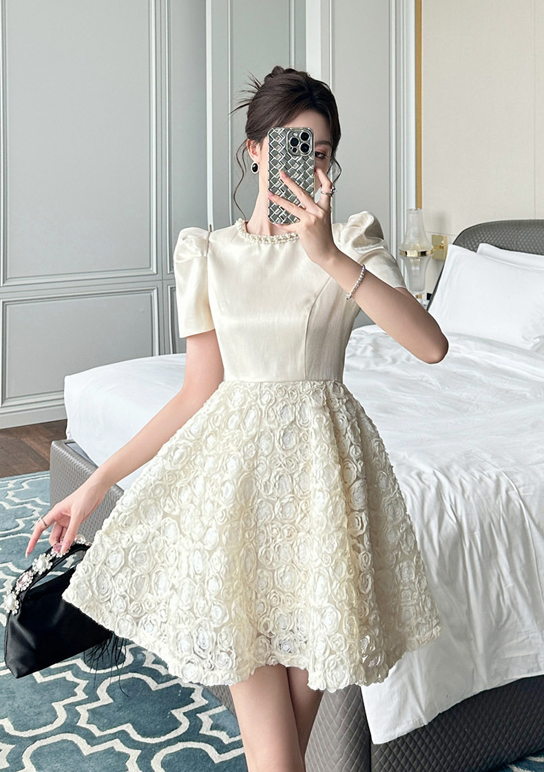 Đầm suông nữ midi tay ngắn cổ tròn chất liệu polyester phong cách phương Tây — [Màu hồng đào] chi tiết 1