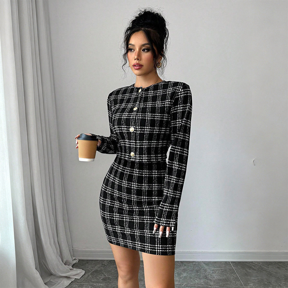 Black and White Plaid Two Piece Set Slim Fit Waist Cinching Elegant Style Perfect for Parties and Social Events
