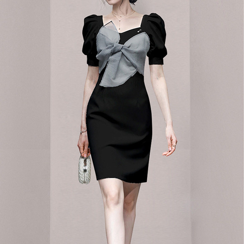 Đầm suông nữ midi tay ngắn cổ vuông chất polyester — Trắng, Đen chi tiết 5