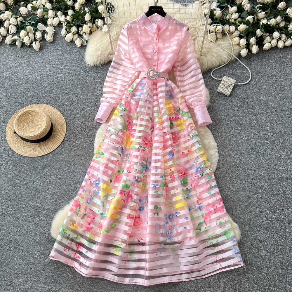 French Style Printed Long Sleeve A Line Dress for Women Waist Defining Elegant Summer Fashion Wholesale Available