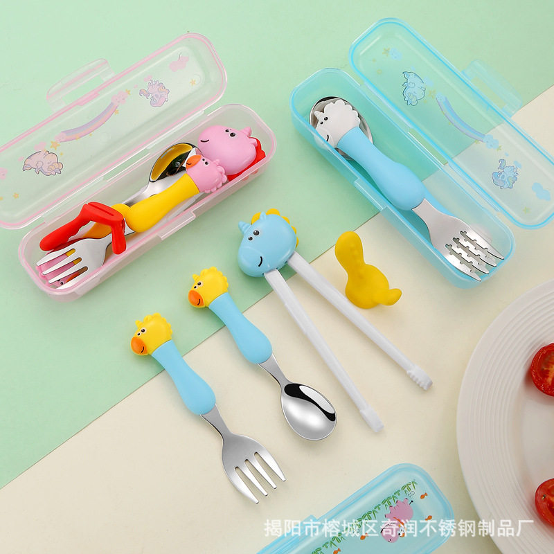 New Tiger Mouth Training Chopsticks Spoon Fork Three-piece Set Children's Supplementary Food Practice Chopsticks Cartoon Spoon Fork Small Gift Tableware