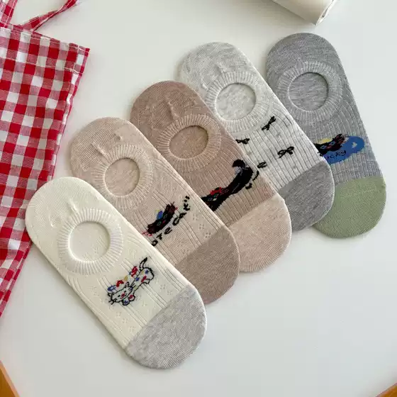 Cartoon Cat Socks for Women, Japanese Style Color-Blocking No-Show Socks, Summer Thin Silicone Non-Slip Low-Cut Invisible Socks