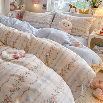 Ins Thickeneded Milk Velvet Four-Piece Winter Fleece-Lined Quilt Cover French Velvet Dormitory Three-Piece Fitted Sheet Wholesale Delivery