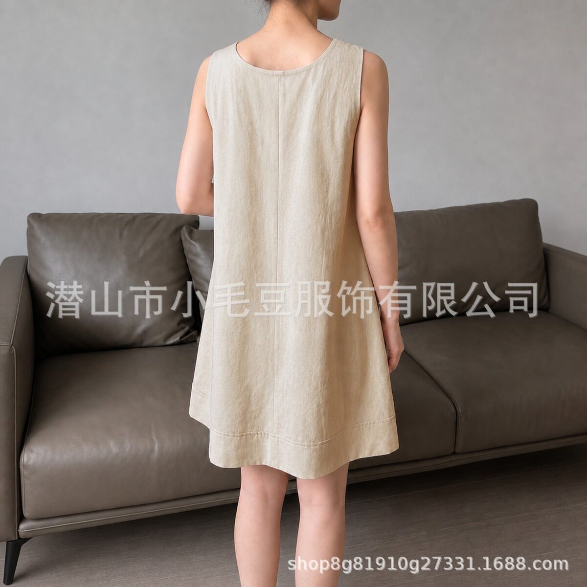 Summer A Line Sleeveless V Neck Dress Loose Fit Tie Waist Cotton Linen Blend Apricot Color Casual Wear Wholesale
