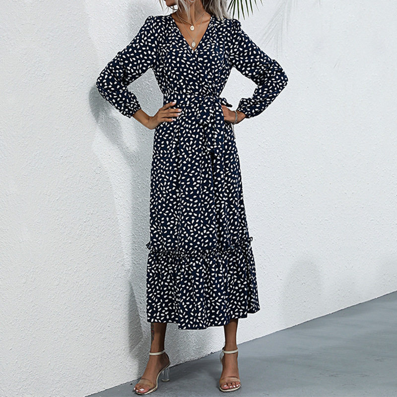 Elegant Long Dress Green Floral Print Split Design Ideal for Autumn and Winter Wholesale Available