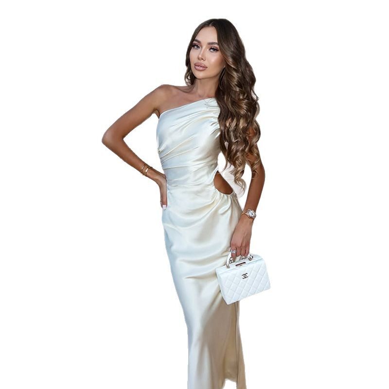 Elegant Satin Evening Dress Sexy Hollow Out Asymmetrical Neckline Waist Cinching Design Perfect for Formal Events