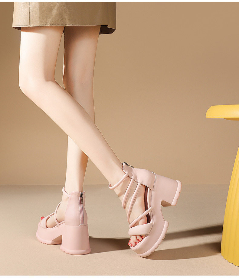 Sandal cao gót nữ quai ngang đế dày 10 cm phong cách La Mã — Đen, Trắng, Hồng chi tiết 6