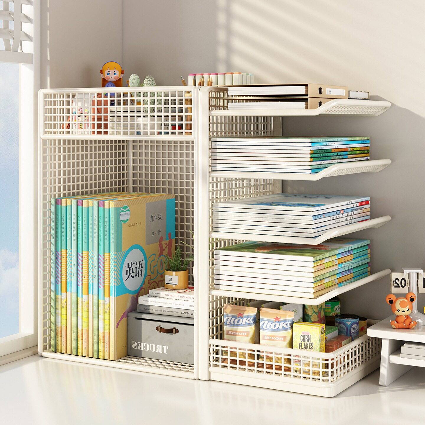 Subject Classification Storage Rack Desktop Bookshelf Desk Book Storage Wheeled Removable Book Stand Layered Rack Silk Flower