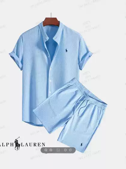Nano Strip European and American Style Men's Casual Loose Multi-Color Collared Spring, Summer, and Autumn Long and Short Two-Piece Short-Sleeve Suit Set