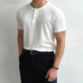 Combed cotton henley collar t-shirt white
