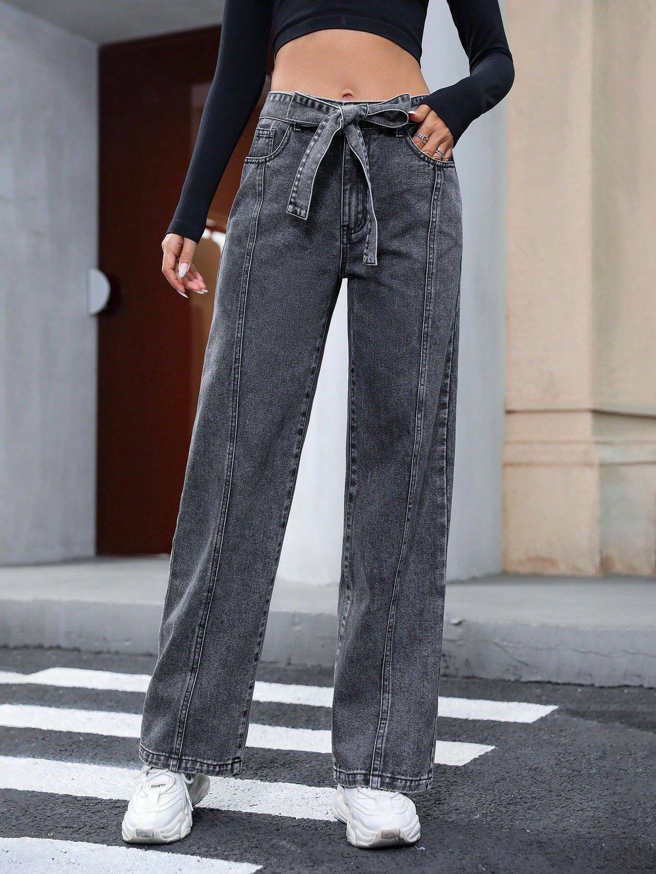 Casual High Waisted Irregular Denim Pants Slim Fit Lace Up Design Trendy Style Perfect for Everyday Wear Wholesale