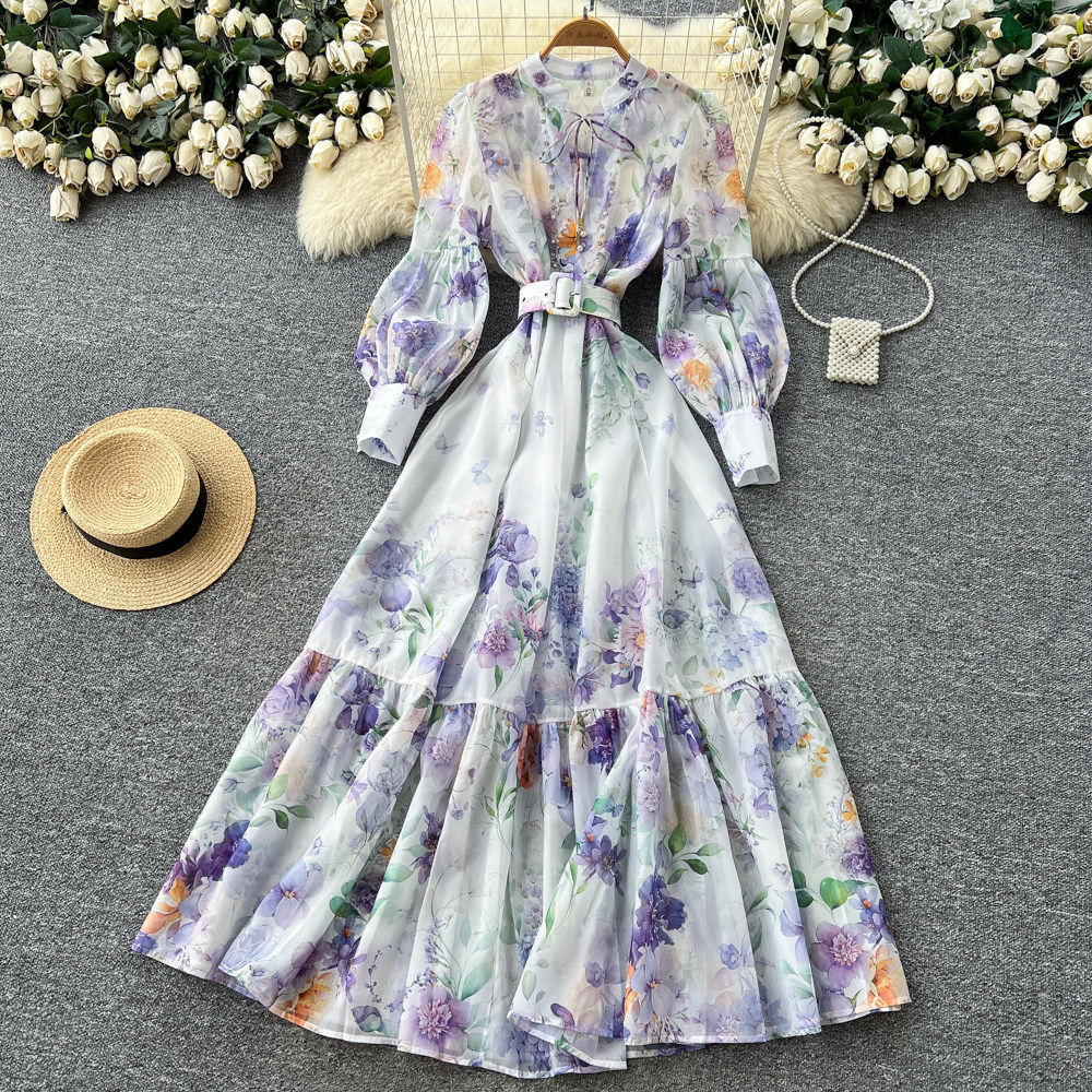 Floral Print A Line Dress with Rhinestone Accents Long Sleeve High Waist Elegant Style Spring Office Wear Wholesale