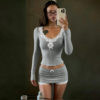 French Pure Lust Lace Bow Long-Sleeved T-Shirt + Skirt Pants Tight-Fitting Slimming Look Sexy Home Casual Two-Piece Set