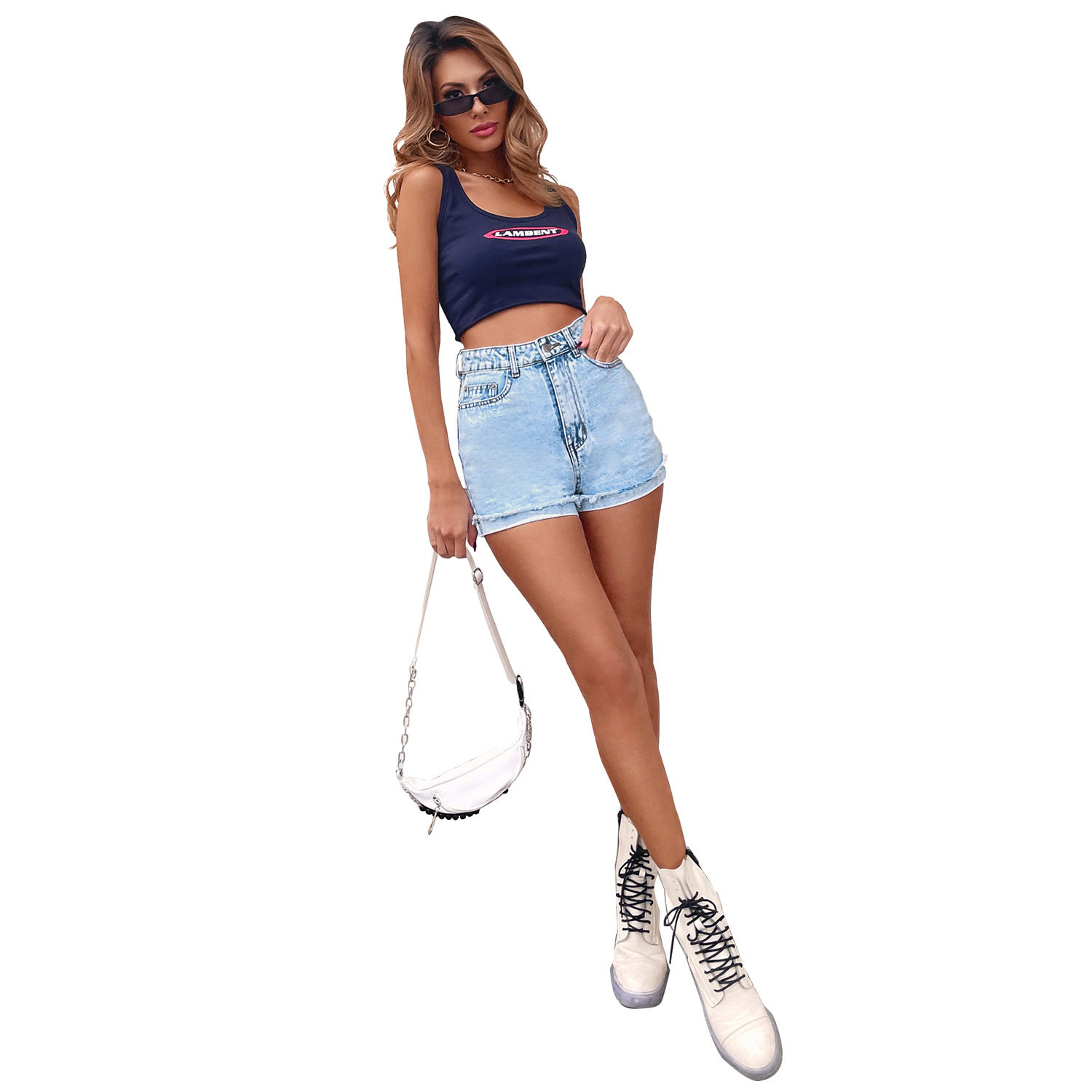 High Waisted Denim Shorts Rolled Hem Stylish Casual Comfortable Perfect for Work or Leisure Ready to Ship