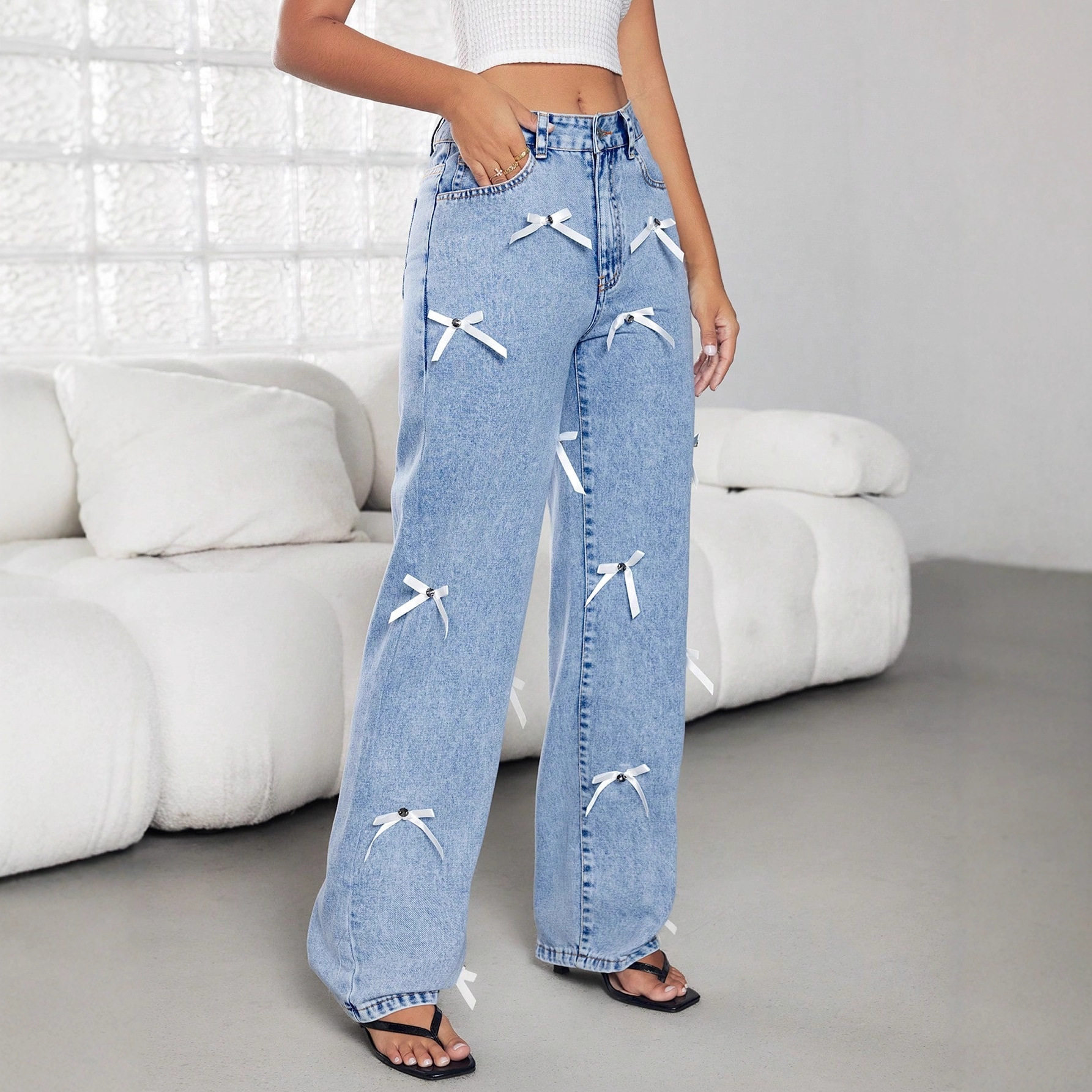 Fashion Womens Wide Leg Denim Trousers Bow Tie Detail All Seasons Trendy Style Wholesale Available