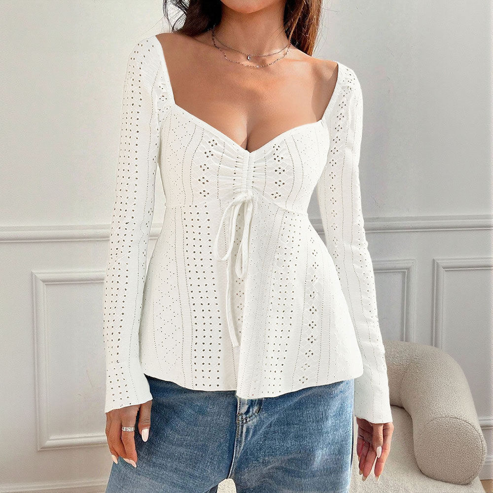 Elegant Womens Long Sleeve Top Solid Color U Neck Lace Trim Tie Detail Winter Fashion Wholesale Available