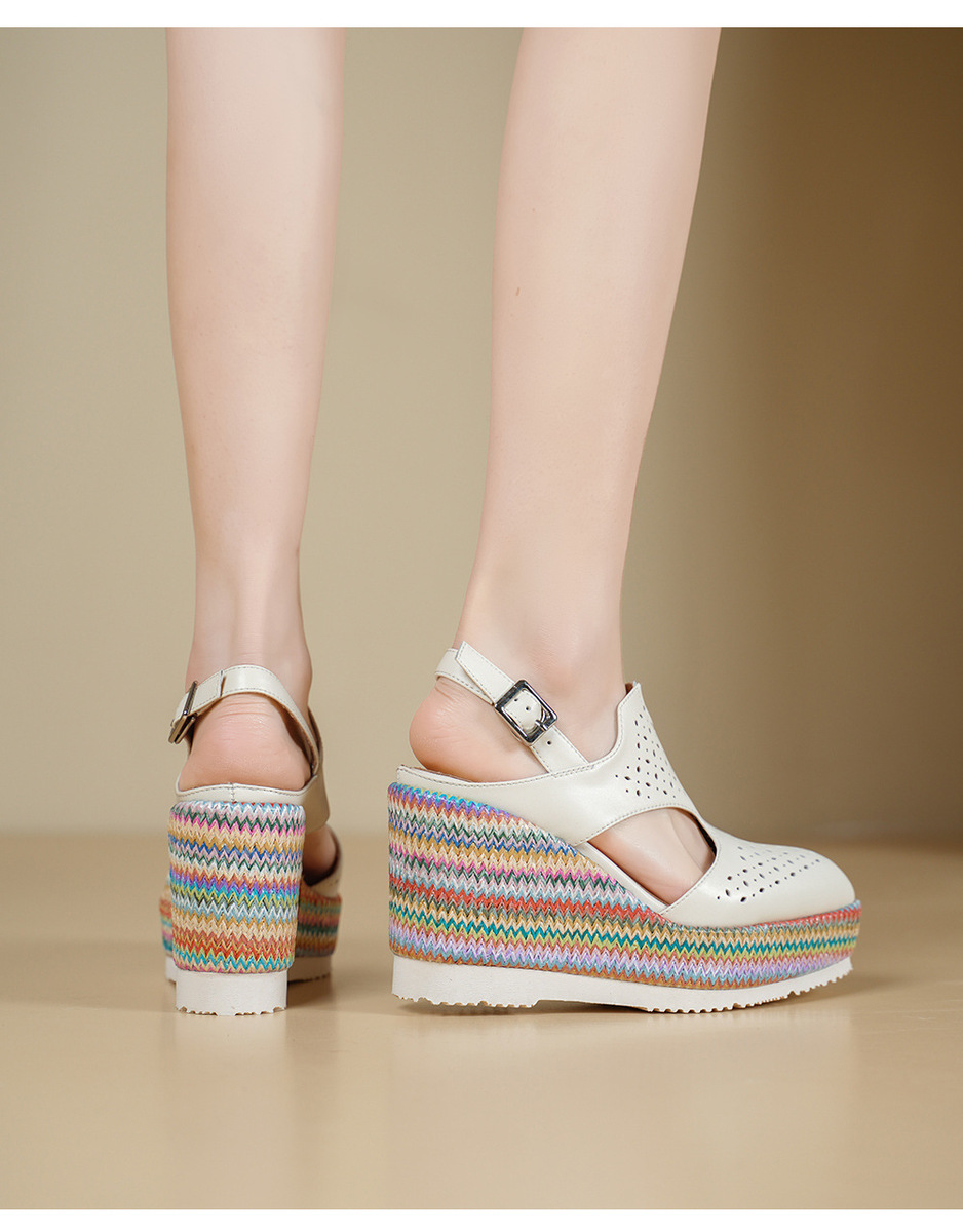 Sandal La Mã nữ da thật gót xuồng 10cm đế bánh mì tăng chiều cao — Màu be, Màu xanh dương