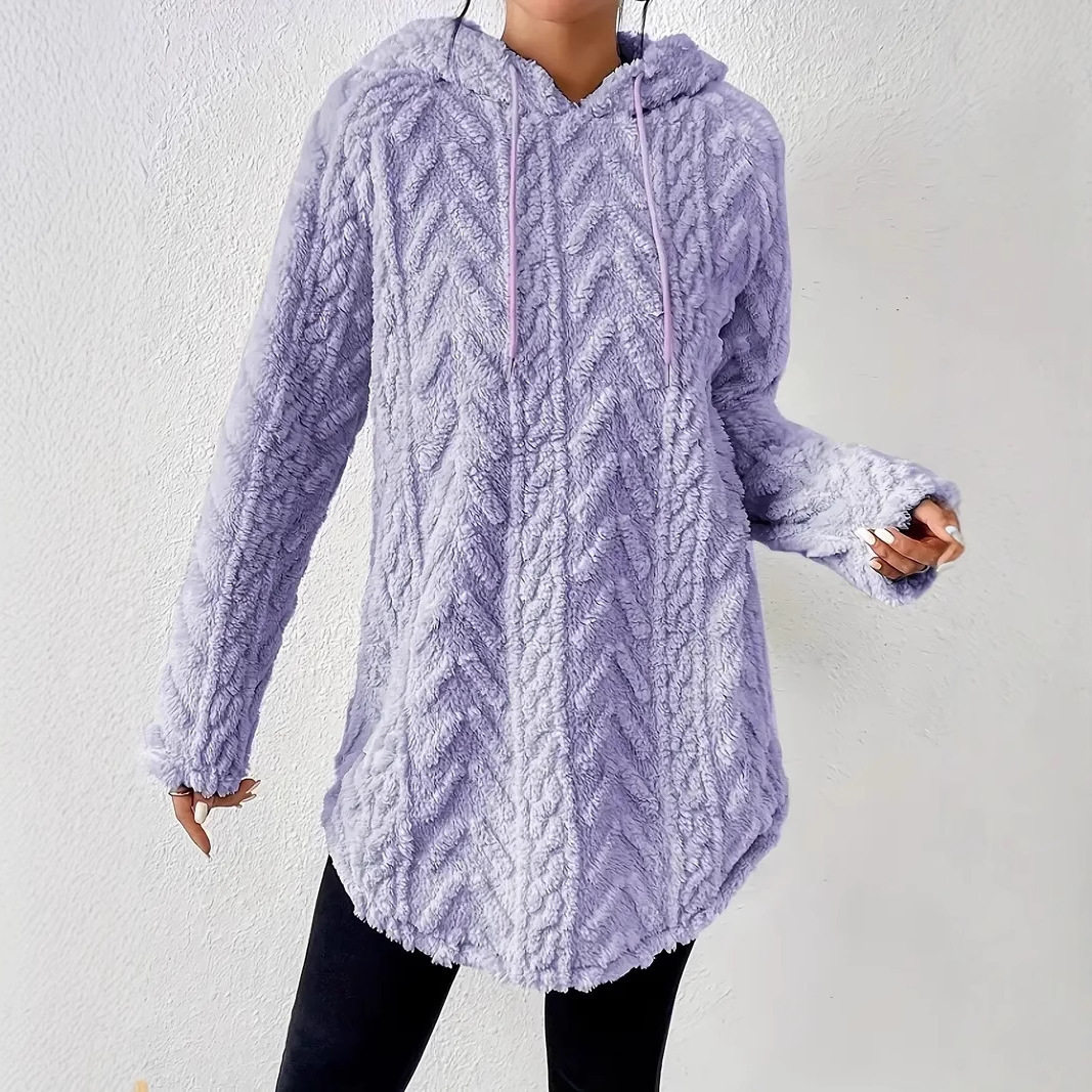 Hooded Long Sleeve Pullover Sweater Slim Fit Drawstring Plush Fabric Solid Color Fall Fashion for Women Wholesale