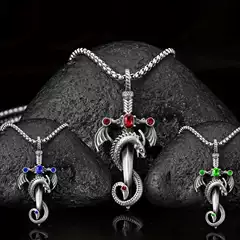 Cross-Border Popular Retro Multi-Color Gemstone Dragon Sword Stainless Steel Chain Necklace Men's Punk Hip-Hop Jewelry Wholesale Dropshipping