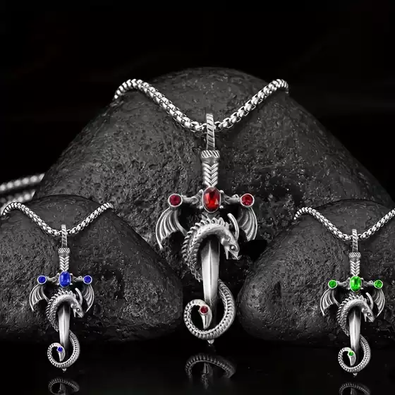 Cross-Border Popular Retro Multi-Color Gemstone Dragon Sword Stainless Steel Chain Necklace Men's Punk Hip-Hop Jewelry Wholesale Dropshipping