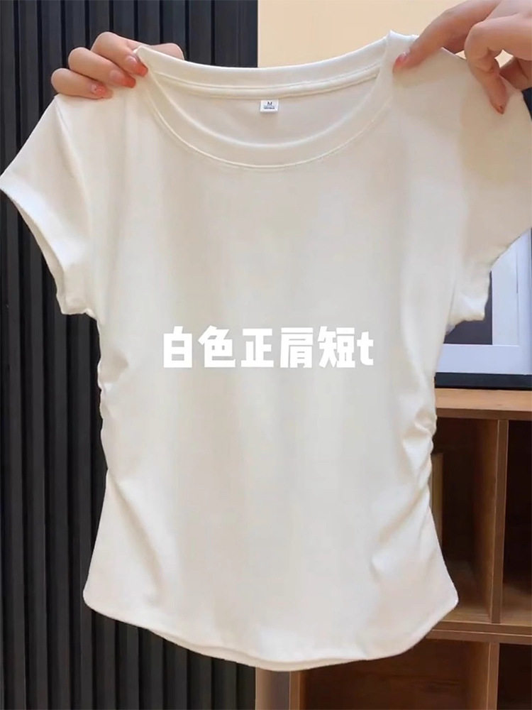 92棉蓝色正肩短袖T恤女装夏季修身显瘦洋气褶皱收腰短款体恤上衣