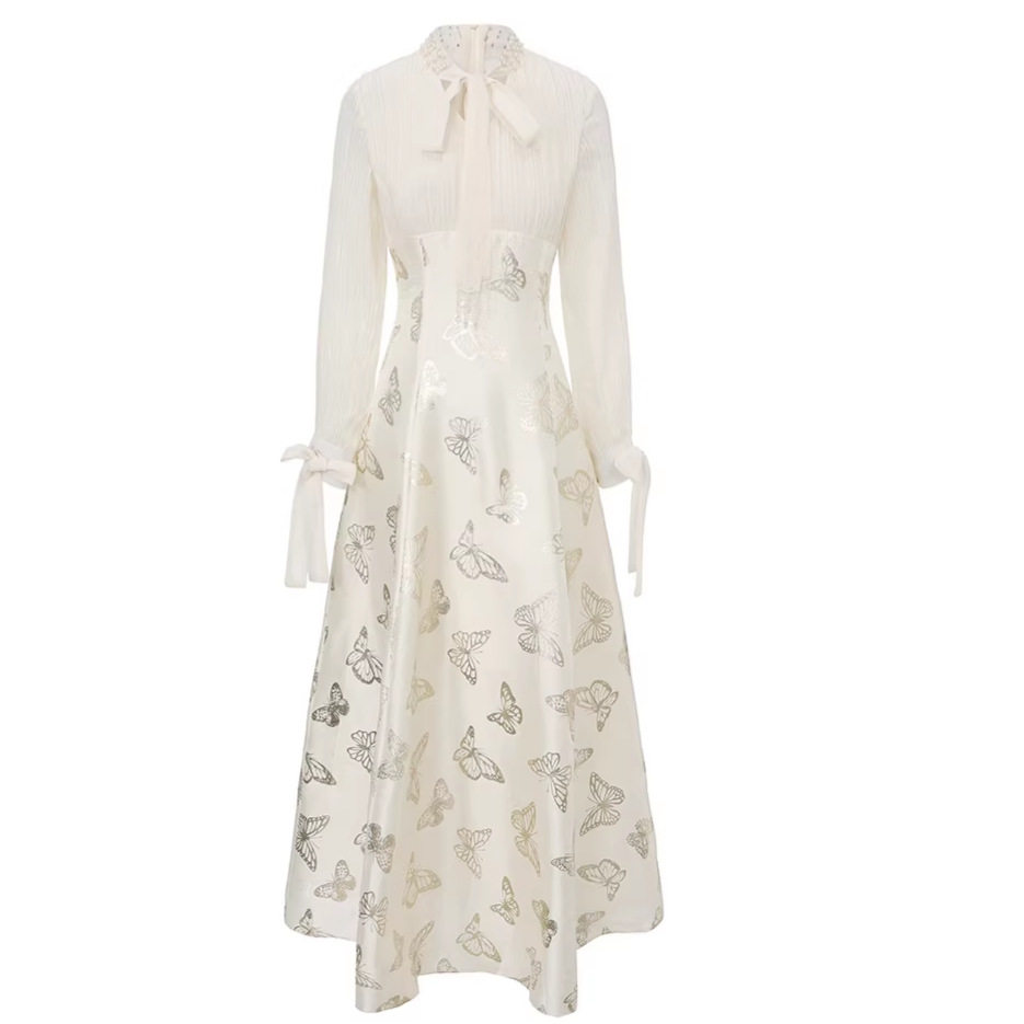 Elegant V Neck Dress with Bow Tie Luxurious Heavy Gold Print Flared A Line Gown for Formal Occasions Wholesale Available