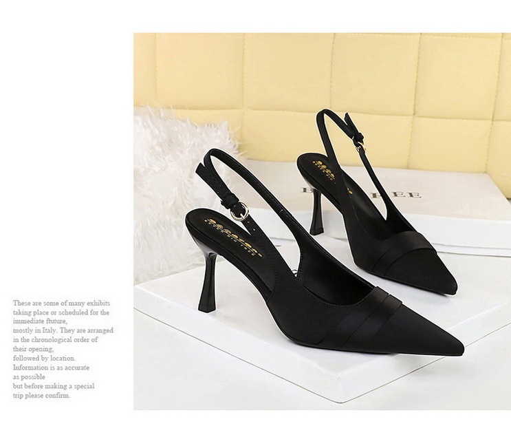 Giày cao gót nữ mũi nhọn chất liệu satin quai hậu hở gót phong cách thanh lịch dự tiệc — Màu đen, Màu đỏ rượu, Màu sâm panh, Màu tím