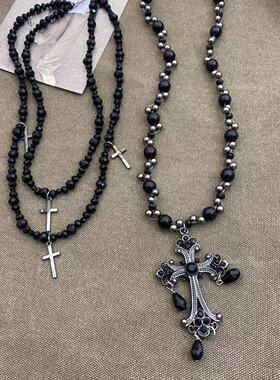 黑石项链重工哥特朋克多层choker叠戴复古小众黑吊坠十字架项链潮