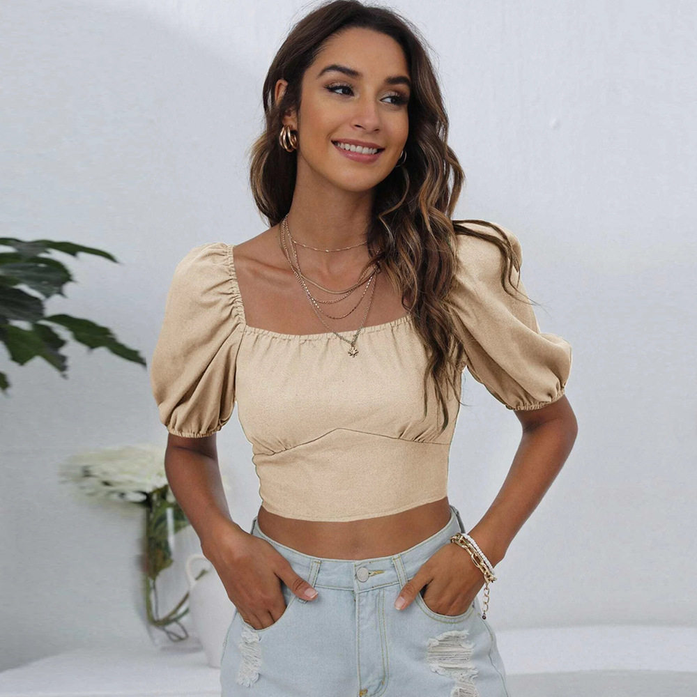 Womens Lantern Sleeve Backless Tie T Shirt Solid Color Square Neck Short Length Spring Summer Casual Wear