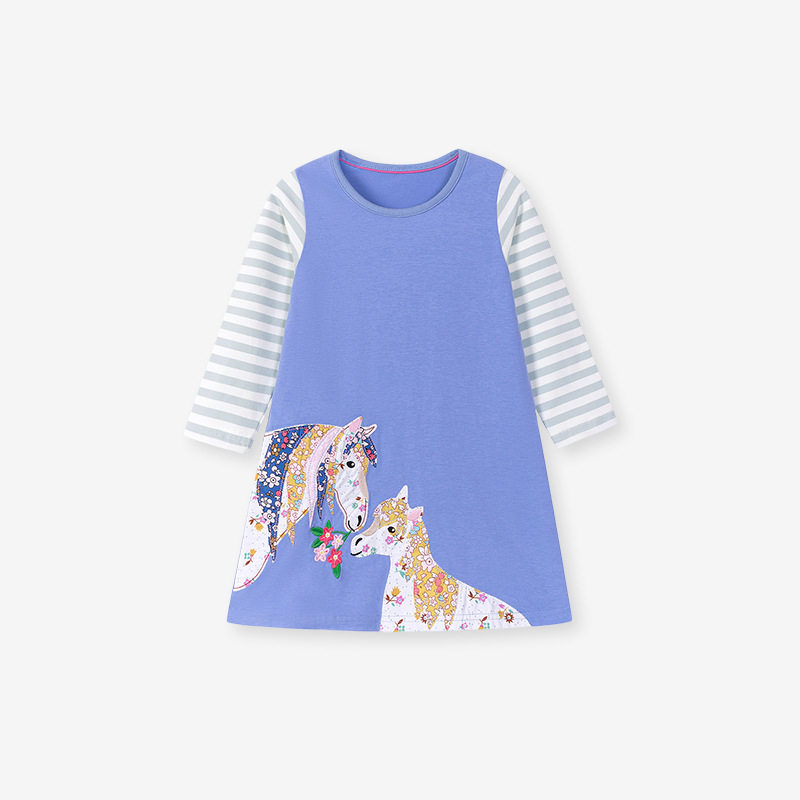 [Style] Girls' Dress, Cartoon Striped Girls' Skirt, Cotton Kids' Dress for Autumn