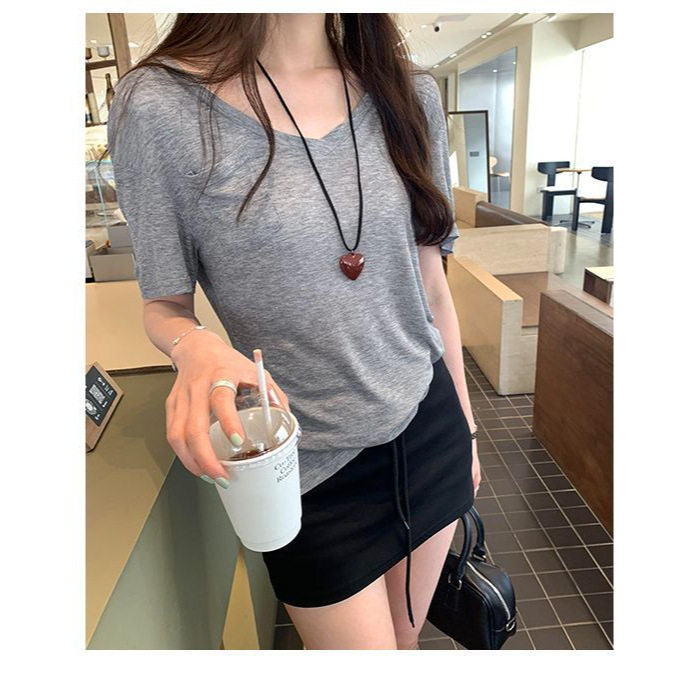V Neck Tencel Blouse Soft Loose Fit Short Sleeve Pocket Design Summer Casual Wear Wholesale Available