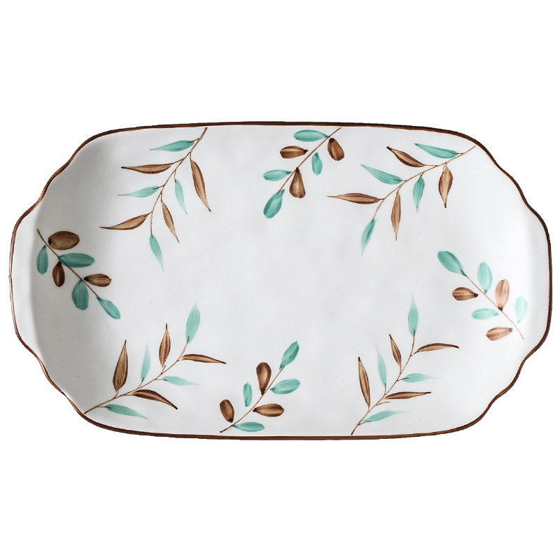 Nordic Hand-painted Leaves Ceramic Tableware Set with Handle Plate Dinner Plate Household Dish Plate Fish Plate Neat Bowl Snack Dish