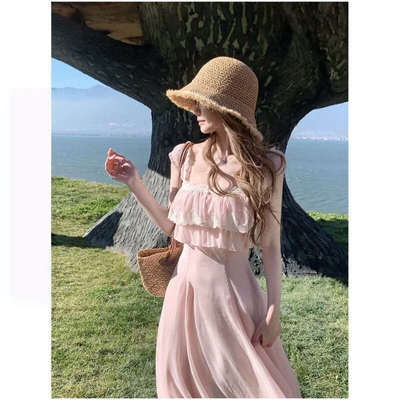 CallmeEar//[Paris Rose] Юбка на подтяжках с кружевной строчкой, Дизайнерское платье ранней весны, юбка для отпуска Изображение 1
