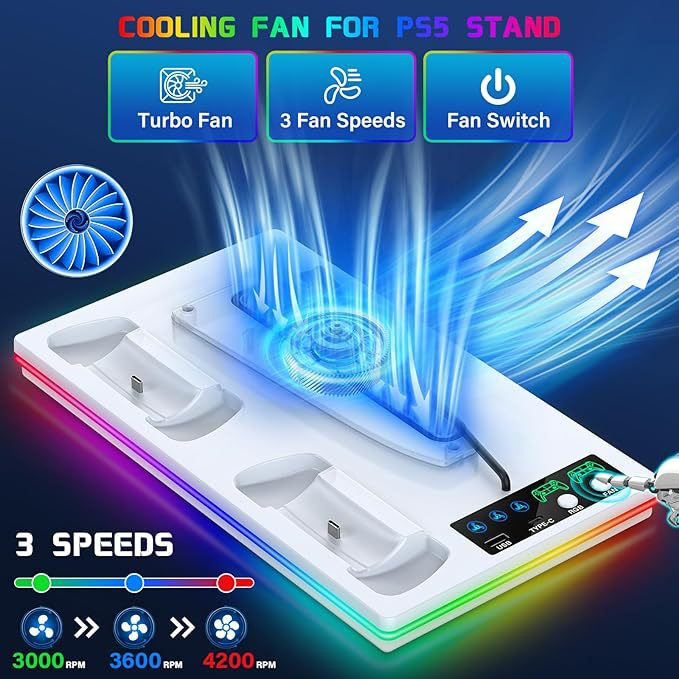 Ps5 Pro/Ps5 Slim/Ps5 Host with Rgb Light Cooling Base Ps5 Handle Charging Stand Accessories