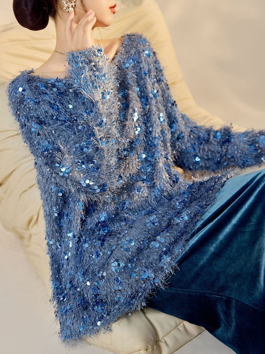Set áo len dài tay cổ V đính sequin kèm chân váy nhung dài vừa — Váy màu lục lam (giao hàng trong 7 ngày), Váy màu lục lam (phát hành cùng ngày), Áo sequin (giao hàng trong 7 ngày), Áo sequin (giao hàng trong ngày)