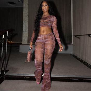 European and American Style Foreign Trade Casual Micro-transparent Women's Fashion Sexy Slim-Fit Pants suit Short Top Trendy Two-piece Set