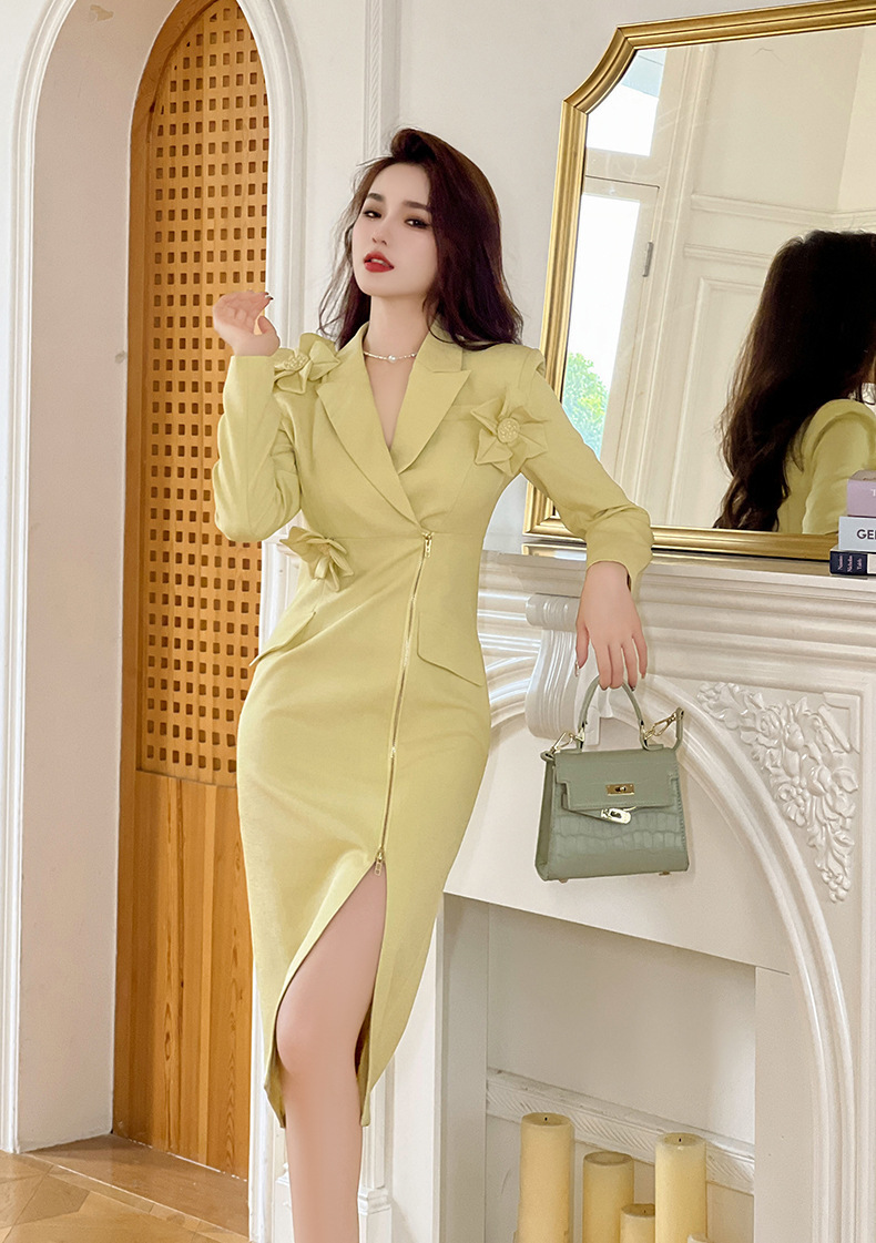 Đầm dạ hội nữ dài tay thiết kế hoa nổi 3D khóa kéo xẻ tà — Màu vàng sáng