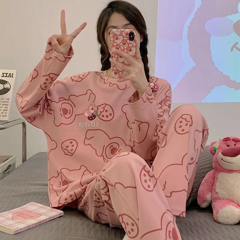 大量批发睡衣女春秋款长袖秋冬季家居服女加大码简约宽松套装外穿