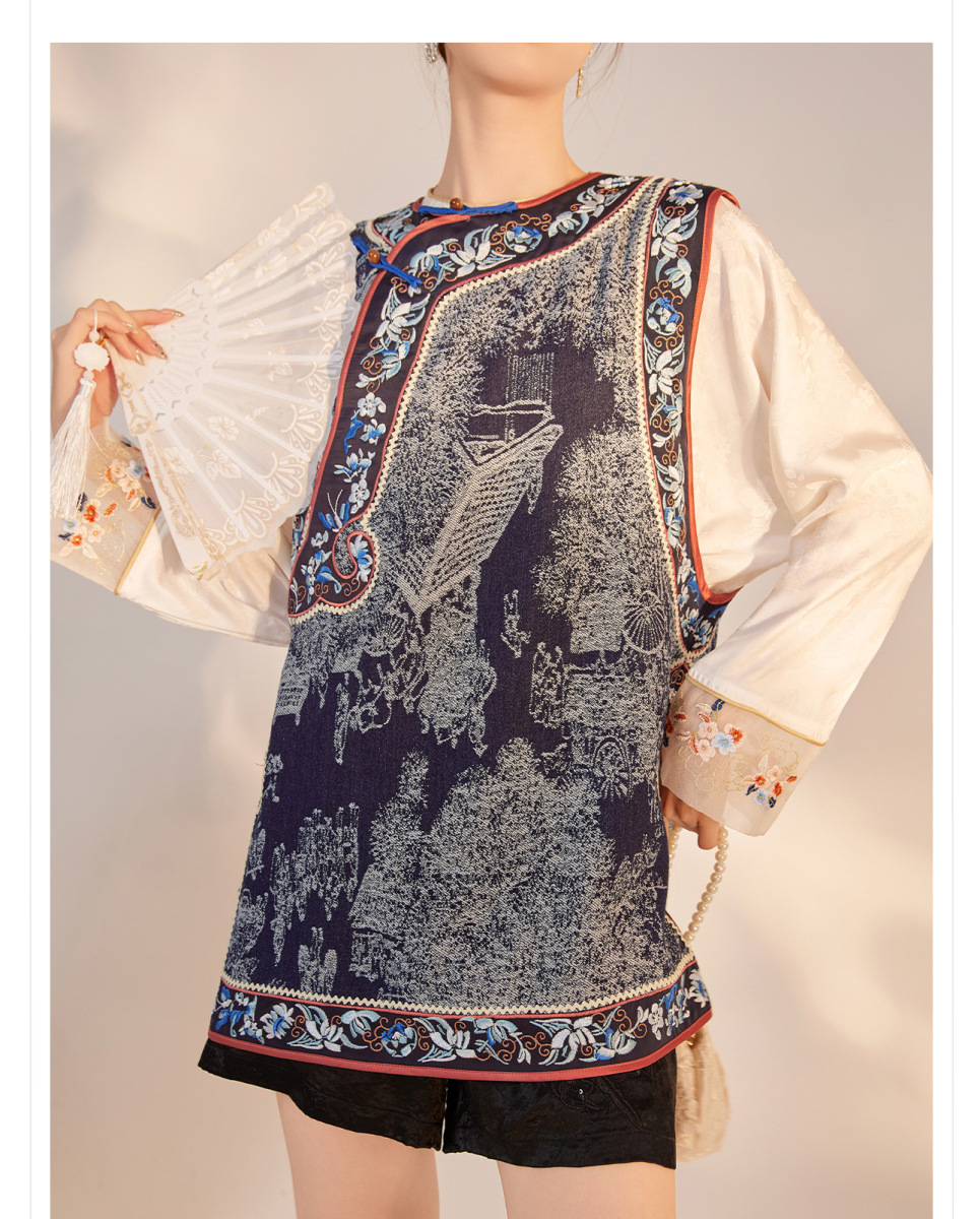 Áo vest nữ in họa tiết hoa cài khuy cổ tròn dáng rộng — Màu xanh lam