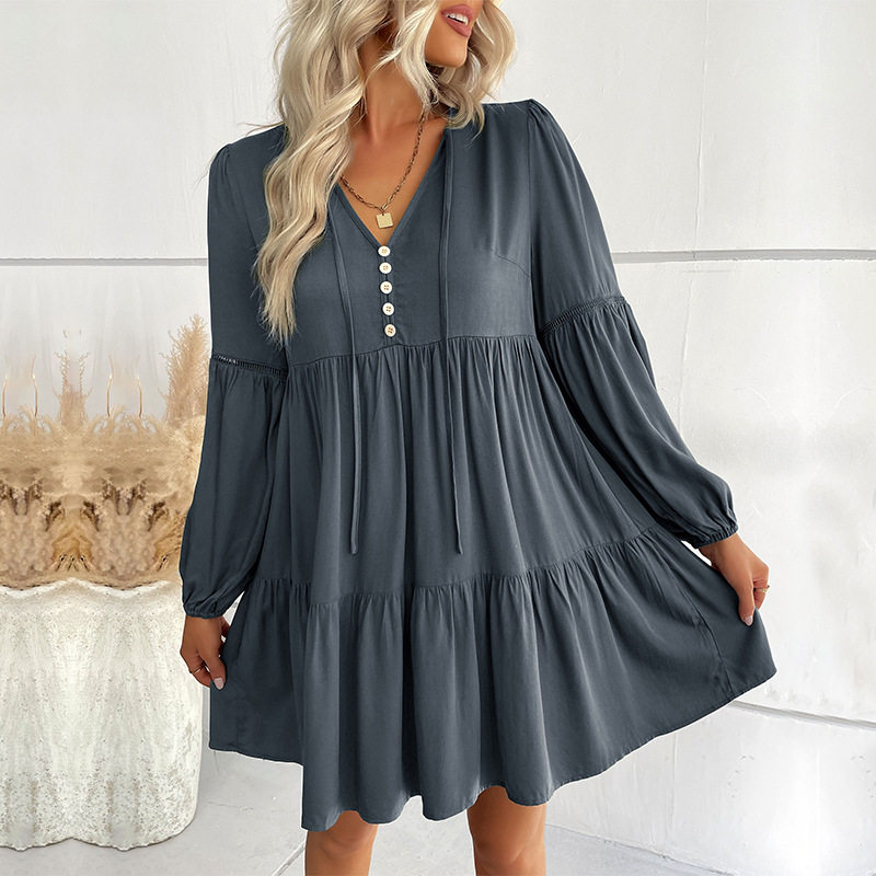 Short Loose V Neck Dress Wrinkled Design Solid Color Minimalist Style Autumn Fashion Wholesale Available