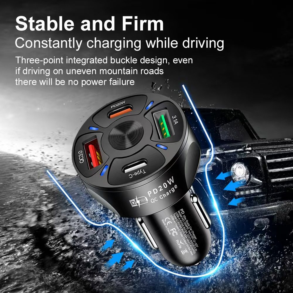 66W Car Charger Qc3.0 Fast Charging One-To-Four Car Cigarette Lighter Plug Four-Port Car Charger Super Fast Charging