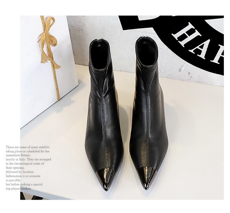 Boot nữ cổ thấp mũi nhọn khóa kéo sau, gót thấp lót lông giữ ấm — Đen lót một lớp, Màu đen lót nhung