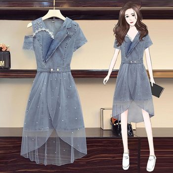 Fashion Denim two-piece women's off-shoulder dress design mesh summer waist slimming goddess style skirt fashion