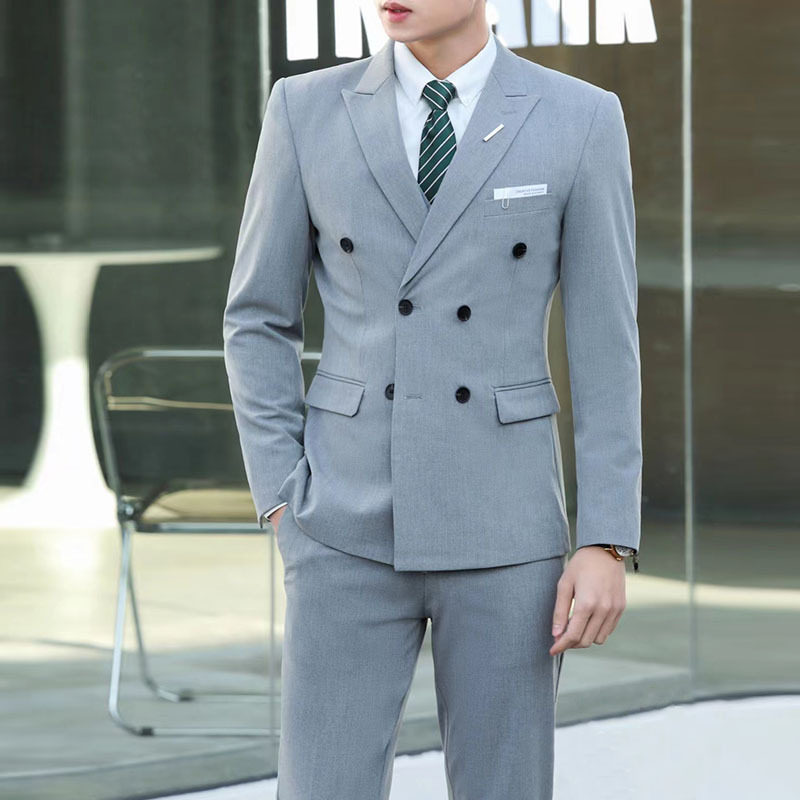 Double row suit suit men's formal wear business casual fashion Korean version slim plus size wedding two-piece suit for men