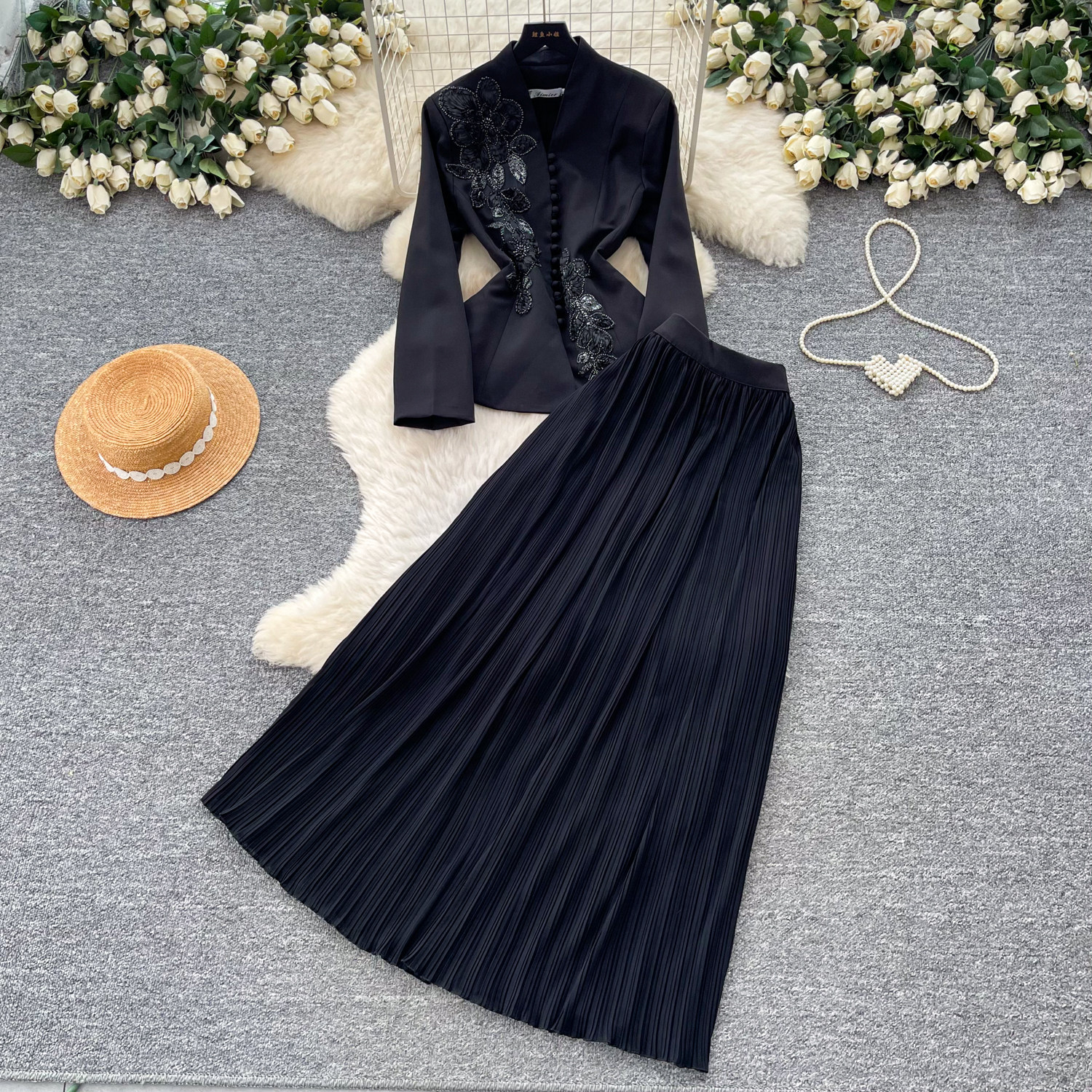 French Chic V Neck Embroidered Jacket with High Waisted Pleated Skirt Elegant Slim Fit Stylish Spring Fall Womens