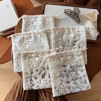 [Su Xi Cloth Bag] Literary Retro Apricot Lace Embroider Cotton Yarn Single-Layer Drawstring Drawstring Small Cloth Bag Storage Bag