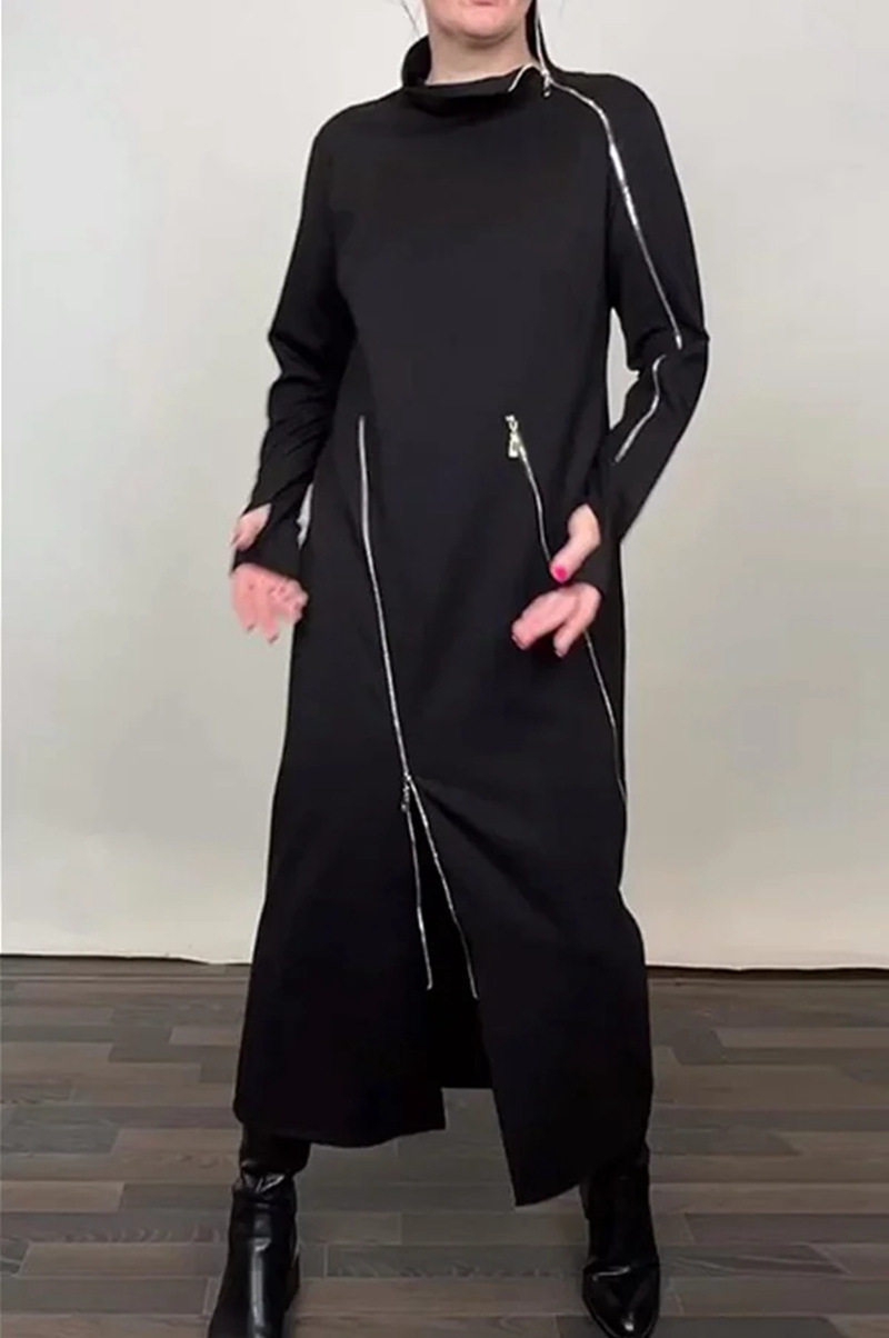 Winter Casual Solid Color High Neck Zip Long Sleeve Dress Stylish Comfortable Versatile Perfect for Everyday Wear