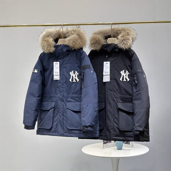 High Version Mlb Men's and Women's Versatile Hooded down Jacket with Large Fur Collar, Couple's Mid-Length Thickeneded Waterproof Work Jacket