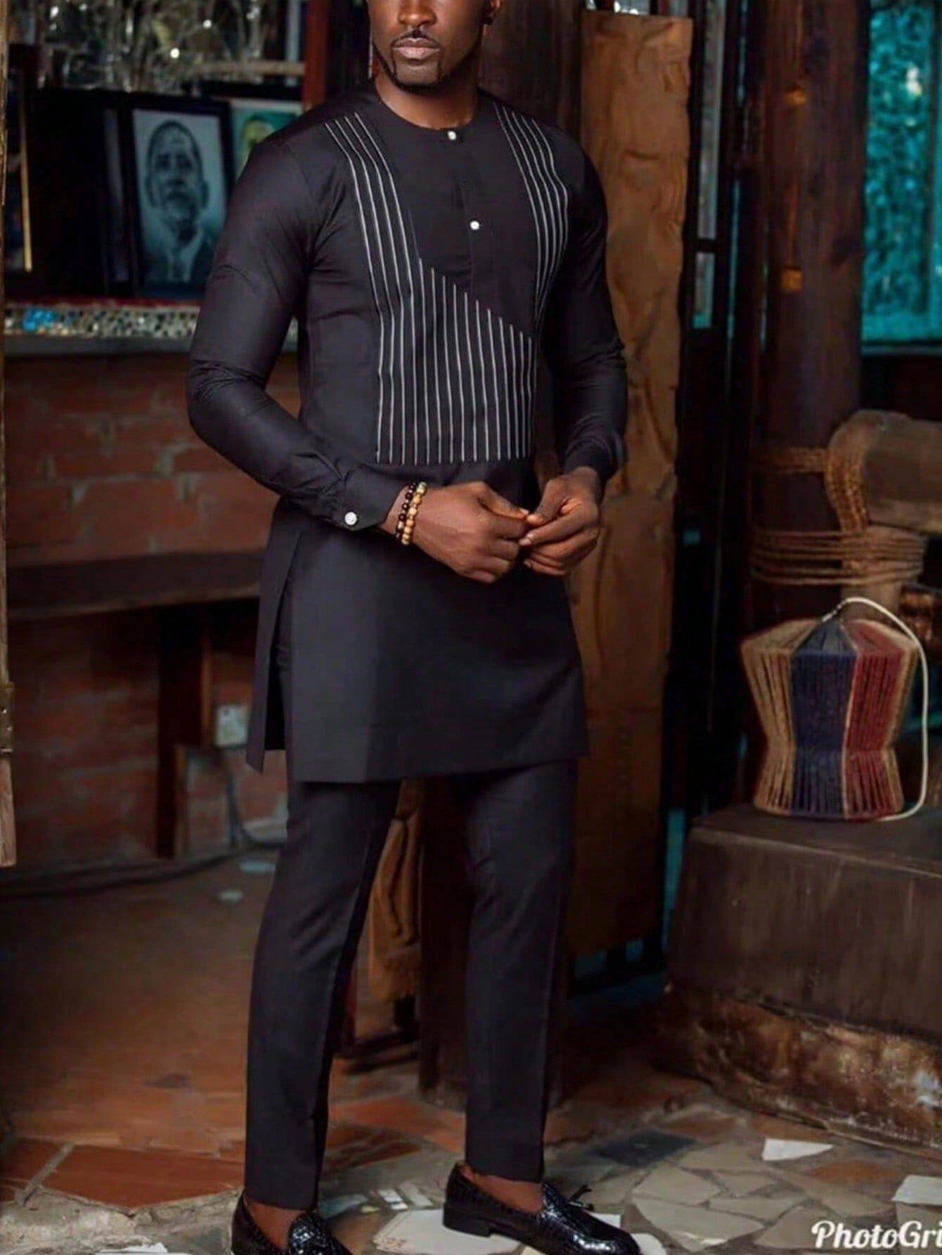 2023非洲民族风男士休闲套装2件套长袖纯色拼接衬衫和裤子套装